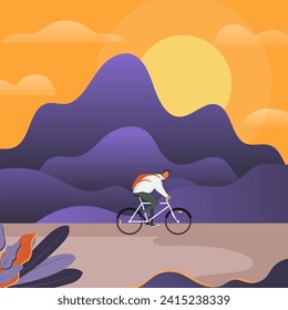 Man riding a bicycle near hill illustration cartoon vector