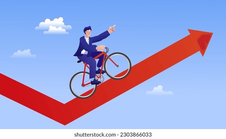 man riding a bicycle on a graph. young beauty businessman ride bicycle up to increasing arrow. Professional hard worker. Business growth concept. competition in business. Flat vector illustration.