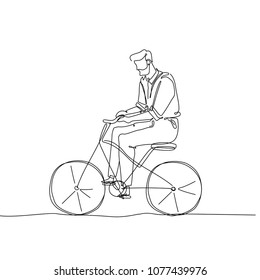 Man riding a bicycle - one continuous line design style illustration isolated on white background. A young person in casual clothes cycling. High quality image for your presentation, flyer, banner