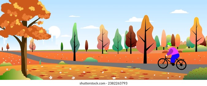 Man riding bicycle out of town in autumn, vector illustration. Banner design