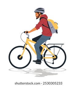 Hombre que monta en bicicleta actividad al aire libre que lleva el casco y la mochila amarillo traje casual de la bici aislado en el fondo blanco