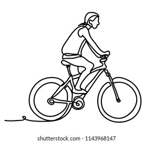 Man riding a bicycle outside. Concentrated young guy using his bike in the courtyard. Continuous line drawing. Isolated on the white background. Vector monochrome, drawing by lines