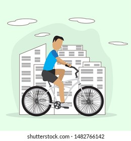 Man riding bicycle over a comic cityscape - Vector