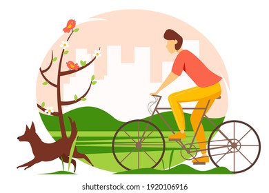 Man riding a bicycle in the Park with the dog. Spring vector illustration in flat style. 