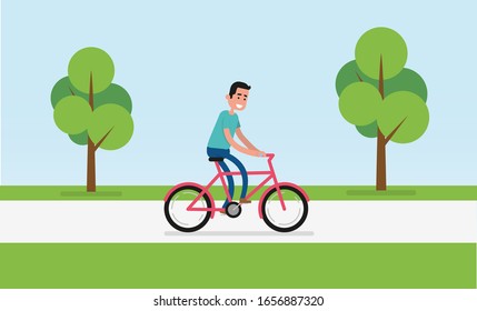 Man riding bicycle at park forest flat vector character illustration.healthy lifestyle