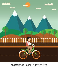 Man riding a bicycle in the park. Vector flat illustration