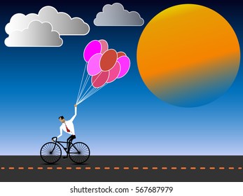 Man riding bicycle with pink balloons.Vector Illustration.