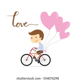 man riding bicycle with pink heart balloon and word love calligraphy for Valentine's day card