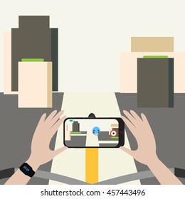 Man riding bicycle and playing virtual reality geo location game. Live stream, streamer. Vector illustration.