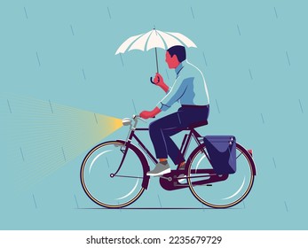 Man riding a bicycle in a rainy day illustration. Classical city bike. Vector.