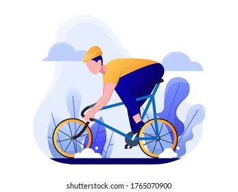 man riding a bicycle, road bike, or race bicycle concept, vector flat illustration.