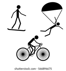 a man riding a bicycle, snowboarding and jumping with a parachute stick figure