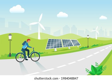 Man riding bicycle with solar panels and wind turbines background. Renewable , green and clean energy,  reuse natural resources, environmental friendly and circular economy concept. Vector.
