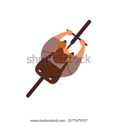 Man riding bicycle, top down view from above. Male cyclist, tourist with backpack cycling on transport. Bike rider traveling with bag, overhead. Flat vector illustration isolated on white background
