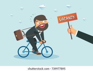 Man riding a bicycle towards a hand holding a placard with Vacancy announcement. Hiring and looking for a job concept. Vector colorful illustration