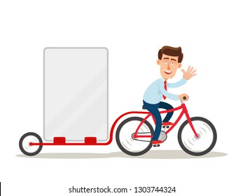 Hombre montando una bicicleta con un remolque - cartelera móvil. Publicidad al aire libre, pancarta. Ilustración vectorial, estilo dibujo plano. Aislado sobre fondo blanco.