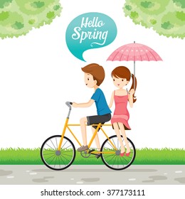 Man Riding Bicycle And Woman Sitting Behind, Spring Season, Lettering, Transportation, Vehicle, Exercise