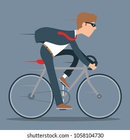 Man riding bicycle to work in a suit vector illustration. Sport, healthy lifestyle design concept
