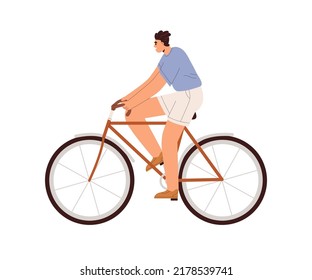 Man riding bicycle. Young cyclist rider. Summer bicyclist driving, cycling. Active person traveling on bike, eco city transport, side view. Flat vector illustration isolated on white background