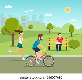 Man riding a bicycle Young man sitting on the bench and working with laptop and  Running girl in the park. Vector flat illustration