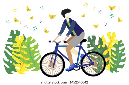 man riding bicycles on garden.isolated on white background. Colorful vector illustration in flat cartoon style.