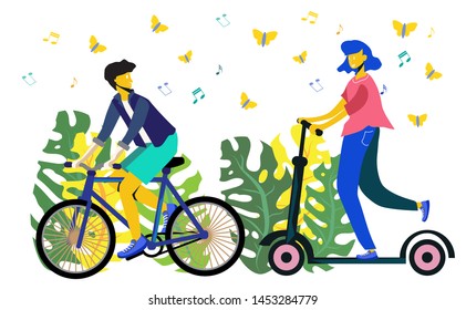 man riding bicycles and woman riding scooter on garden.isolated on white background. Colorful vector illustration in flat cartoon style.