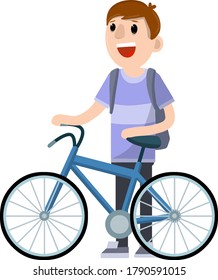 Man riding bike. Bicycle for road with guy with backpack. Summer activity. Hobbies and sports. Healthy lifestyle. Cartoon flat illustration. Summer season, movement and pastime. Urban transport.