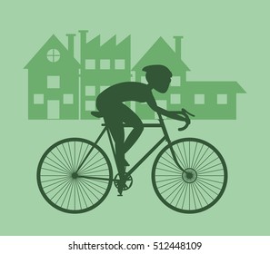 Man riding bike and city background design 