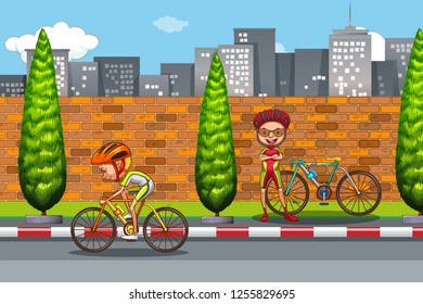 Man riding bike in city illustration