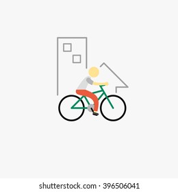 Man riding bike and cycling sign. Flat style vector illustrations isolated design template on white.