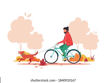 Man riding bike with dog in autumn park. Healthy lifestyle,  outdoor activity concept. Vector illustration.