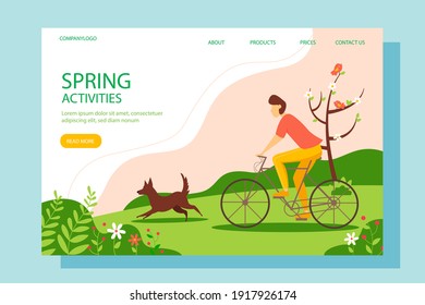 Man riding a bike with a dog in the park. The concept of an active lifestyle, outdoor activities. Vector spring illustration in a flat style.