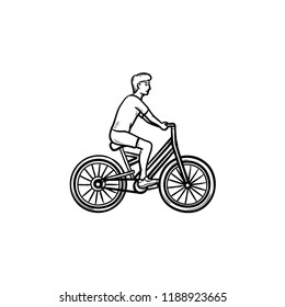 Man riding a bike hand drawn outline doodle icon. Cycle and fitness, recreation and travel activity concept. Vector sketch illustration for print, web, mobile and infographics on white background.