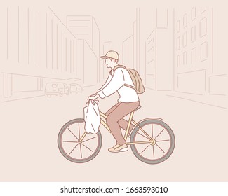 Hombre montando una bicicleta.Ilustraciones de diseño vectorial de estilo dibujado a mano.