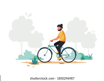 Man Riding Bike. Healthy Lifestyle, Sport, Outdoor Activity Concept. Vector Illustration In Flat Style.