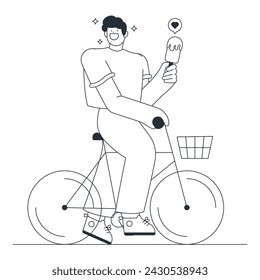 Man Riding Bike Holding Popsicle Outline Illustration