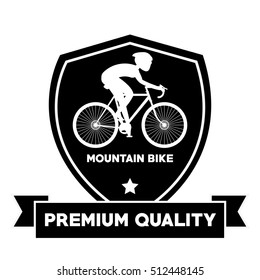 Man riding bike inside shield and ribbon design 