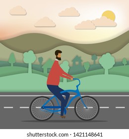 Man riding a bike isolated on white background. Vector illustration. Eps 10.