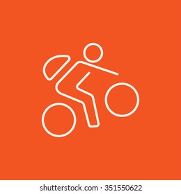 Man riding a bike line icon for web, mobile and infographics. Vector white icon isolated on red background.