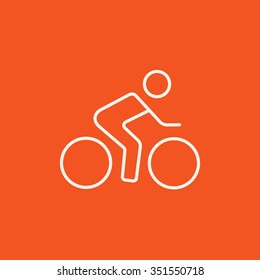 Man riding a bike line icon for web, mobile and infographics. Vector white icon isolated on red background.