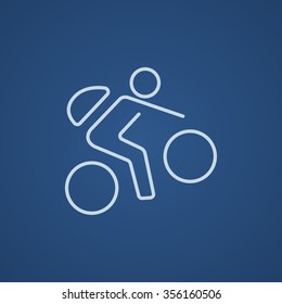 Man riding a bike line icon for web, mobile and infographics. Vector light blue icon isolated on blue background.