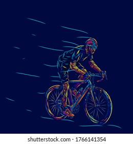 A man riding bike line pop art potrait logo colorful design with dark background. Isolated black background for t-shirt, poster, clothing, merch, apparel, badge design