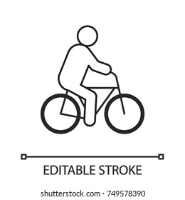 Man riding bike linear icon. Cyclist. Thin line drawing. Eco-transport. Contour symbol. Isolated vector illustration. Editable stroke