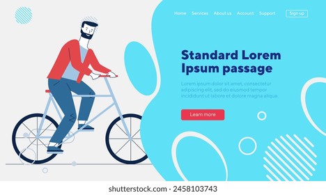 Man riding bike. Male character travel by bicycle flat vector illustration. Eco transport, outdoor activity, cycling concept for banner, website design or landing web page