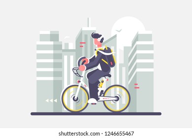 Man riding bike on cityscape background vector illustration. Cartoon boy in headphones and with backpack rides on bicycle to work in city street with buildings and skyscraper flat style concept