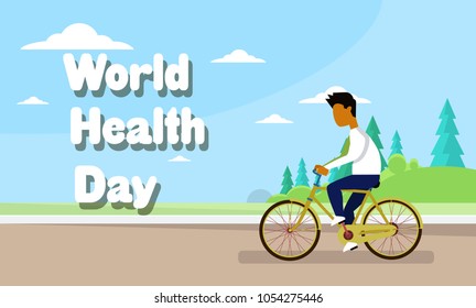 Man Riding Bike Over World Health Day Banner Background