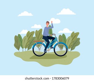 Man riding bike at park design, Vehicle bicycle cycle lifestyle sport and transportation theme Vector illustration