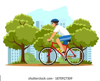 Hombre montando bicicleta en la ilustración del parque público de la ciudad. Vector exterior de estilo de vida saludable. Un tipo en bicicleta con casco en la carretera. El turismo urbano en la naturaleza. Carácter masculino joven haciendo ejercicio.