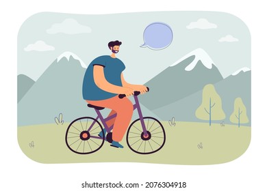 Hombre montando bicicleta con burbujas de voz en el fondo de las montañas. Persona masculina disfrutando de la naturaleza en la bicicleta de ilustración vectorial plana. Concepto de estilo de vida activo para banner, diseño de sitios web o página web de inicio