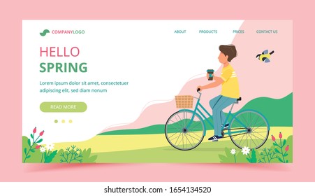 Man riding a bike in spring. Landing page template. Cute vector illustration in flat style.